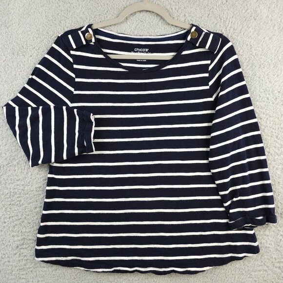 Chicos Shirt Womens 1 US Medium Blue White Striped Epaulet 3/4 Sleeve Sub Tee - Picture 1 of 10